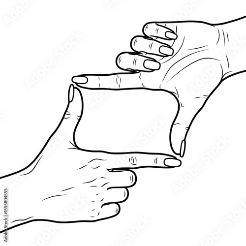 Hands framing a shape with stylish nail art in minimalist line art style with copy space
