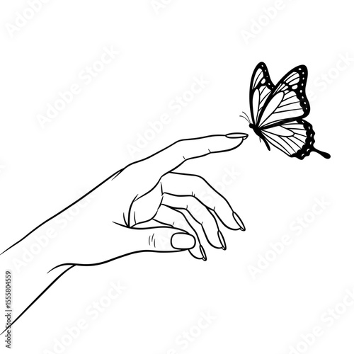 Hand reaching out to a butterfly in minimalist line art style with copy space
