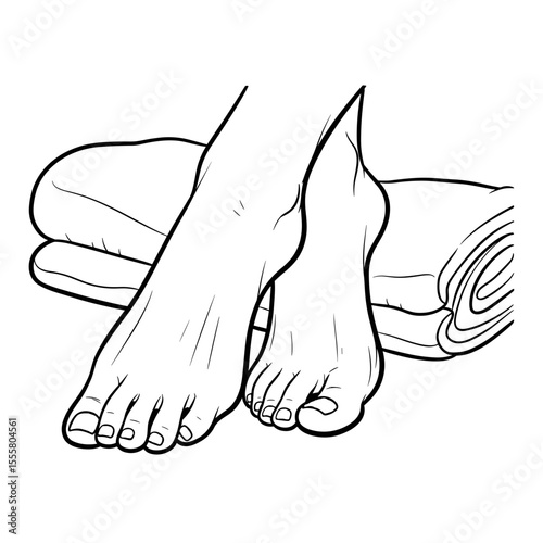 Feet resting on a towel in a pedicure salon in minimalist line art style with copy space