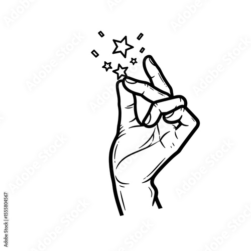 Hand creating a magical gesture with stars in minimalist line art style with copy space