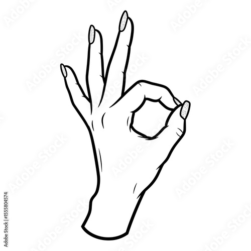 Hand making an OK gesture with elegant nail art in minimalist line art style with copy space