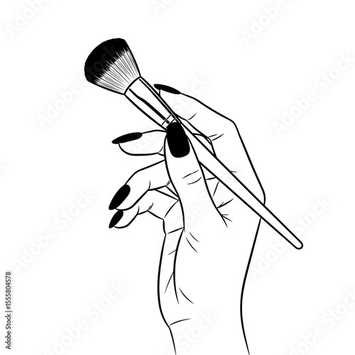 Hand holding a makeup brush with stylish black nail art in minimalist line art style with copy space