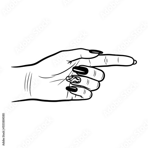 Hand with manicure pointing finger in minimalist line art style with copy space
