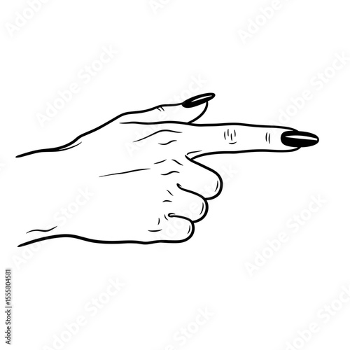 Hand pointing gesture with stylish long black nail art in minimalist line art style with copy space