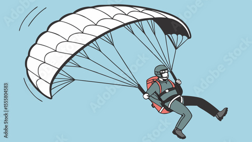 Cartoon Parachutist with White and Black Parachute in Flight.