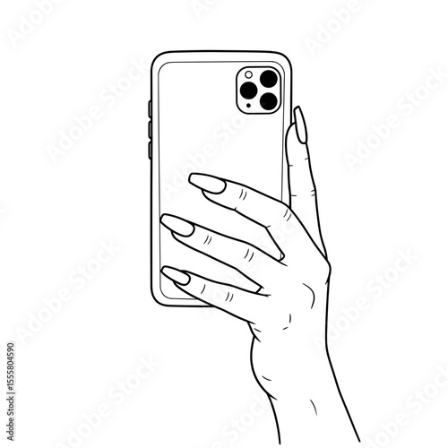 Hand holding a smartphone with elegant long nail art in minimalist line art style with copy space