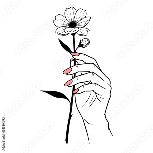 Hand holding a flower with elegant pink nail art in minimalist line art style with copy space