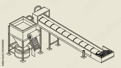 Isometric Illustration of a Conveyor Belt System with Hopper.
