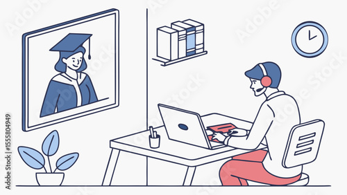 Man working remotely with graduation portrait in the background.