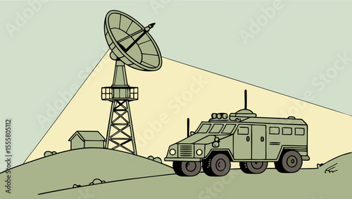 Military Surveillance Vehicle and Satellite Dish on a Hilltop.