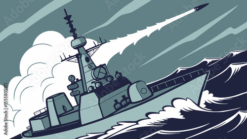 Modern Naval Warship Firing Missile in Rough Seas.