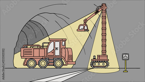 Mining Equipment Operating Inside a Dark Underground Tunnel.