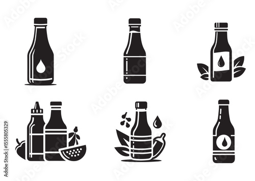 Bottle of Sauce Silhouette Black Vector Set