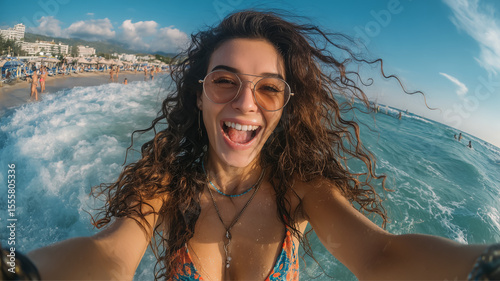 Young woman laughing joyfully with messy beach hair, captured mid-laugh on a bright, breezy day, radiating carefree summer fun
