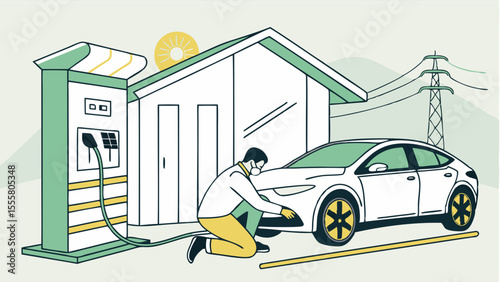 Person Charging Electric Car at Home Charging Station.