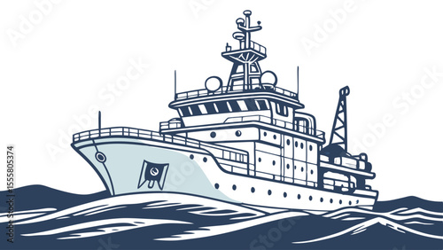 Research Vessel Sailing on Ocean Waves Nautical Illustration.
