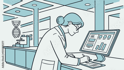 Scientist Reviewing Data at Computer in Lab.