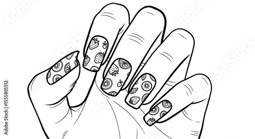 Hand with fruit design on nails in minimalist line art style with copy space
