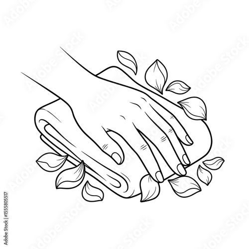 Hand resting on a towel surrounded by leaves in a manicure salon in minimalist line art style with copy space