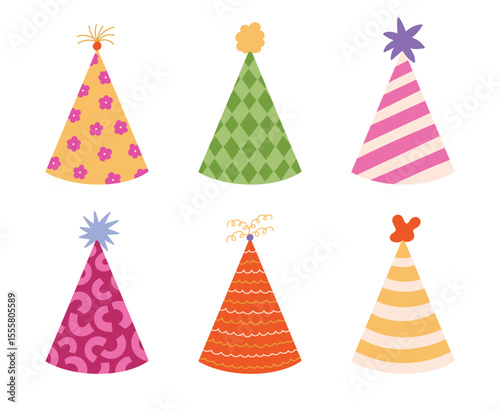 Lovely birthday party hat set with different pattern and star, fluffy pompons. Hand drawn cartoon paper cone for celebration, Christmas, circus clown. New Year cap collection isolated on background.