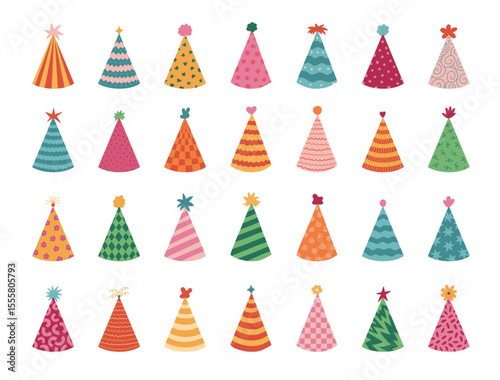 Big lovely set with birthday party hat with different ornament and pompons. Striped, wavy, checked paper cone for happy event, festival. Hand drawn flat New Year cap collection isolated on background
