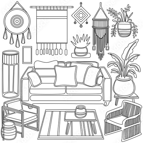 graphic illustrations of warm and modern home interior style living room sets, complete with sofas, tables, plants, and wall decorations.