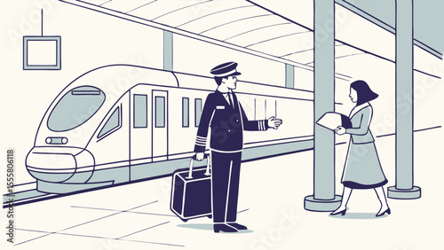 Train Conductor Assisting Passenger at Modern Railway Station.