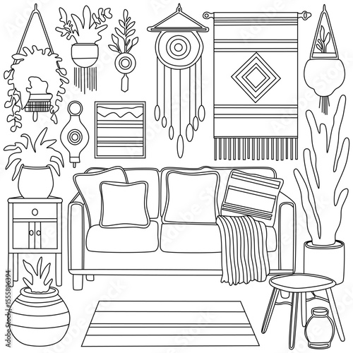 graphic illustrations of warm and modern home interior style living room sets, complete with sofas, tables, plants, and wall decorations.