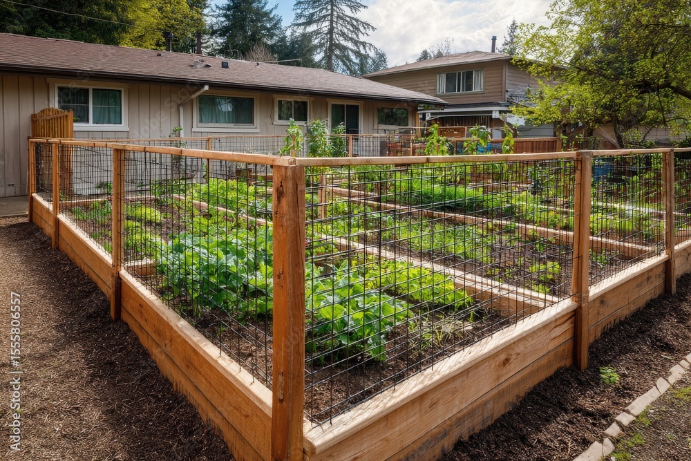 Fence grid framing tidy vegetable garden and planter layout, house siding in background Fence grid framing tidy vegetable garden and planter layout, house siding in background