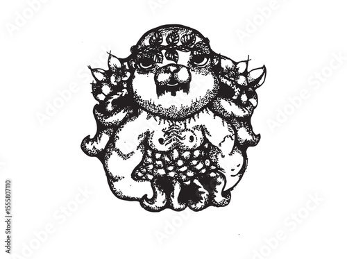 Funny cartoon-style monster illustration in black and white with beard and big belly. Playful character design for comics, children’s art, or fantasy projects.