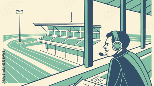 Announcer at a Stadium with a Track and Field View.
