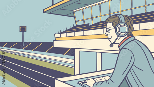 Announcer at Racetrack with Headset and Glasses in Press Box.