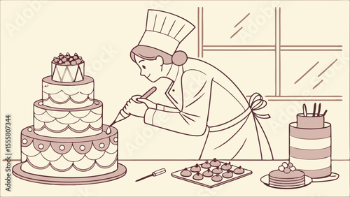 Baker Decorating a MultiTiered Cake with Pastry Bag and Decorations.