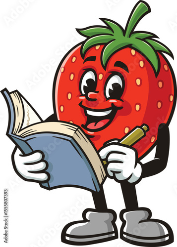 Strawberry character cartoon holding a book