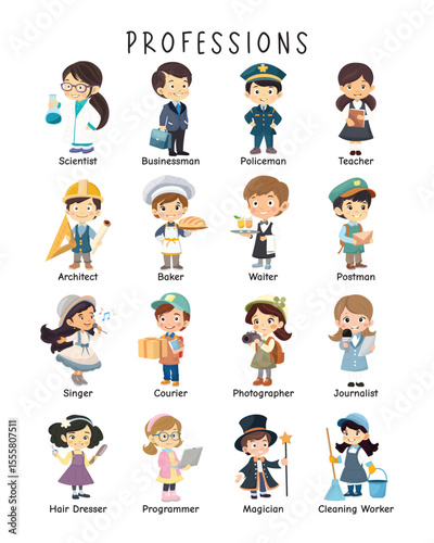 Professions Educational Poster for Kids. Colorful professions chart for kids featuring cute cartoon characters like doctor, teacher, waiter, and more. Great for classrooms or learning tools