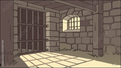 Cartoon dungeon interior with stone walls barred window and gate.