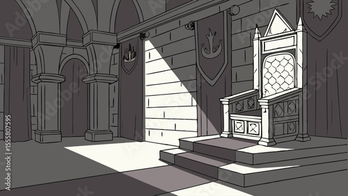 Cartoon illustration of a throne room with a detailed throne.