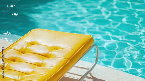 Close up of a yellow chaise lounge on a pool deck with bright turquoise pool water in the background on a sunny summer day