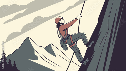 Courageous Climber Ascending a Rocky Mountain Cliff Face.
