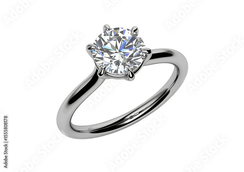 Elegant solitaire diamond engagement ring in platinum isolated on transparent background