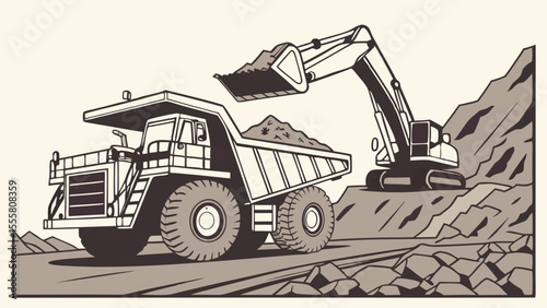 Excavator Loading Dump Truck with Earth and Rocks.