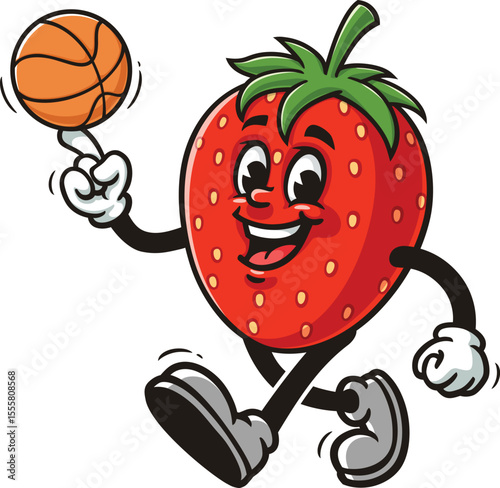 Strawberry character cartoon playing basketball