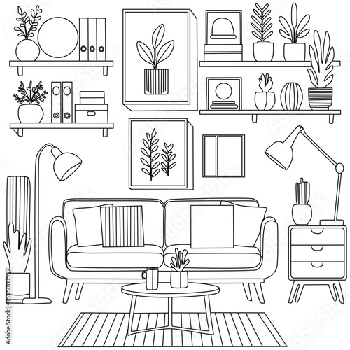 graphic illustrations of warm and modern home interior style living room sets, complete with sofas, tables, plants, and wall decorations.