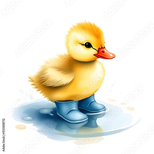 Tiny duckling in rain boots splashing in puddle.