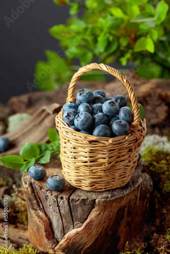 Small wicker basket filled with ripe blueberries.