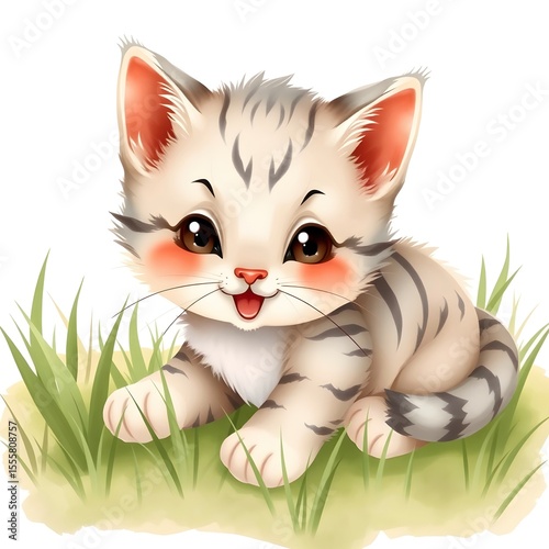 Tabby kitten playing on green grass.