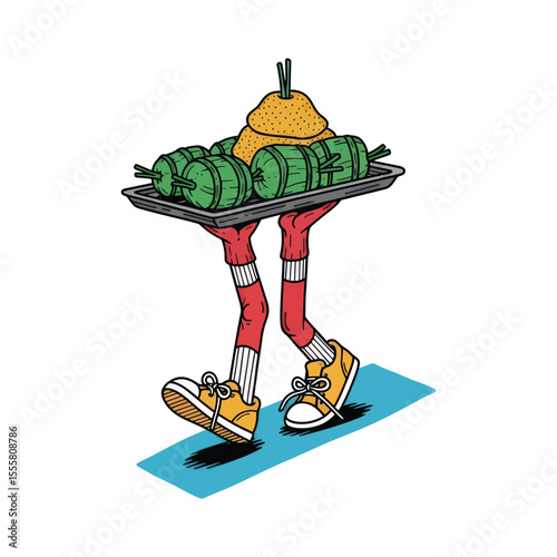Human Legs Carrying Tray of Food Items.