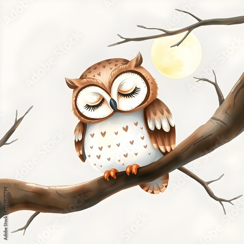 Charming owl sleeping on branch under full moon.