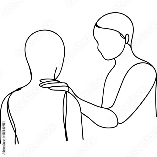 Person placing hand on another's shoulder, comforting gesture shown in simple line art drawing.  Line art illustration depicts supportive hand on shoulder, offering comfort and empathy.