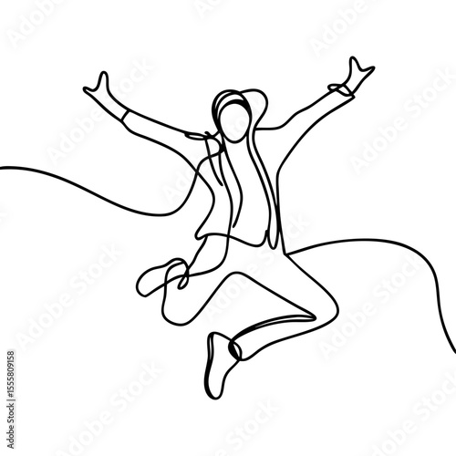 Person jumping with arms outstretched.  Line art drawing shows person in mid-air, joyful expression, dynamic pose, and outstretched arms. This one-line drawing is perfect for posters.